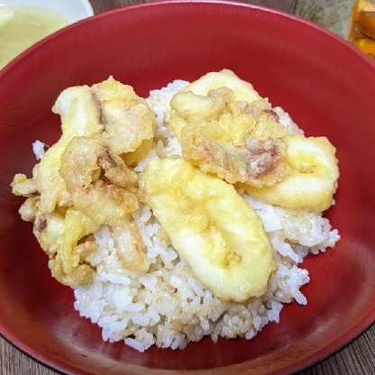 須佐みことイカの天ぷらでイカ天丼。
美味しい天丼のタレで最高の天丼になりました(*^^*)♪